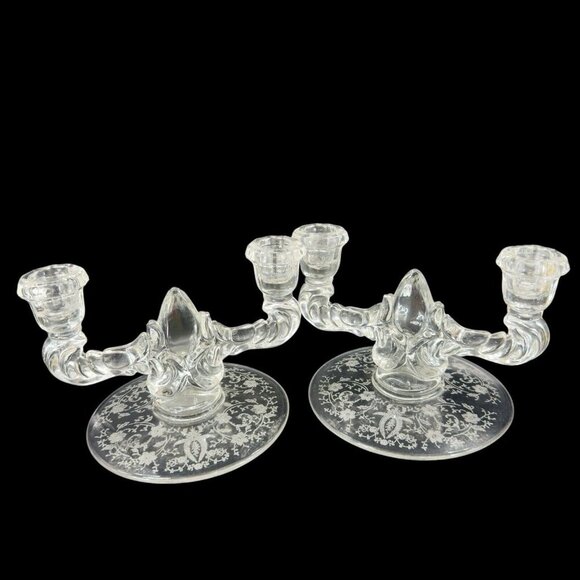 New Martinsville Prelude Double Candle Holder Clear Fostoria Manganese 365nm UV - Picture 3 of 15